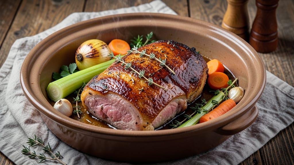 Bone-In Pork Shoulder Roast Slow Cooker Recipe: Celery Crown Crunch Over Herbed Gravy