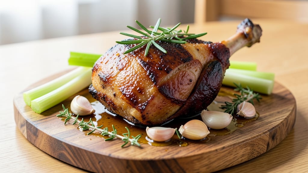 Bone-In Pork Leg Recipe: Crispy Celery Crown Over Smoky Herb Gravy