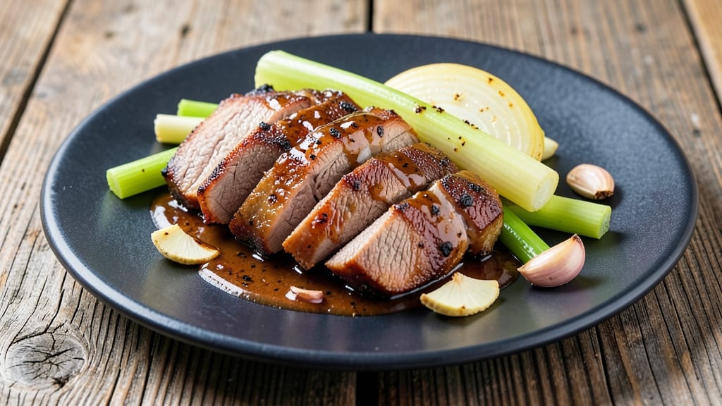 BBQ Pork Slices Recipe: Celery Crown Crunch Over Smoky Garlic Gravy