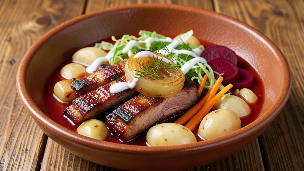 Borscht Recipe with Pork Ribs: Smoky Beetroot-Braised Ribs Over Creamy Sour Topping