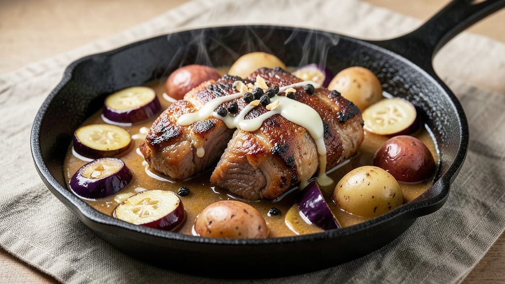 Batangas Pork Caldereta Recipe: Smoky Eggplant and Potato Crunch Over Rich Coconut Shreds