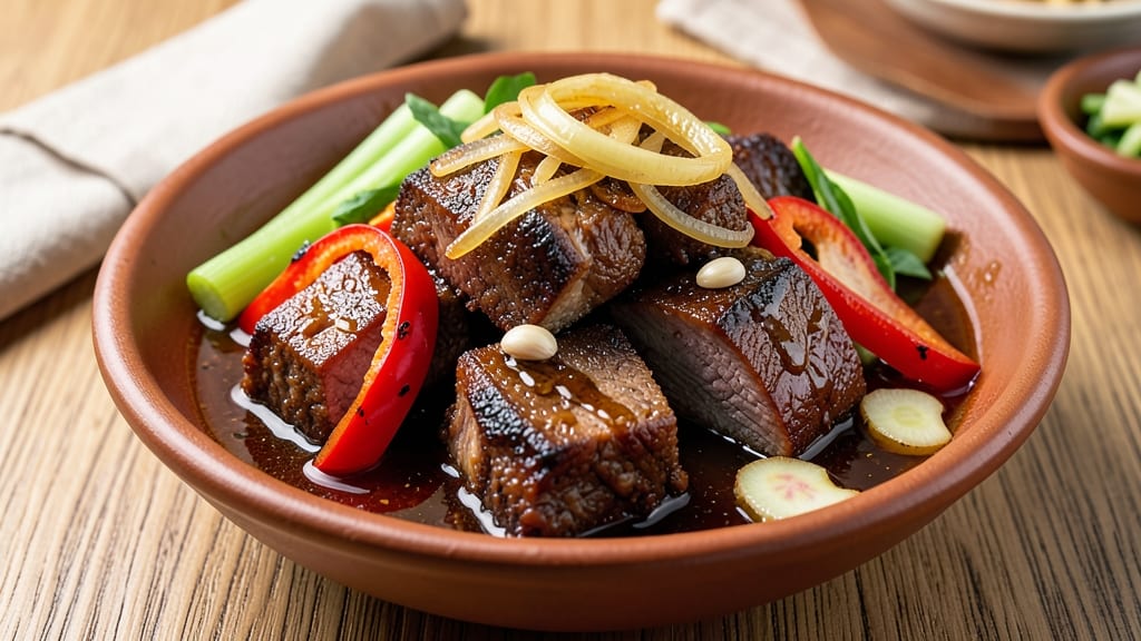 Braised Filipino Pork Belly Recipe: Crispy Celery Crown Over Melty Shreds