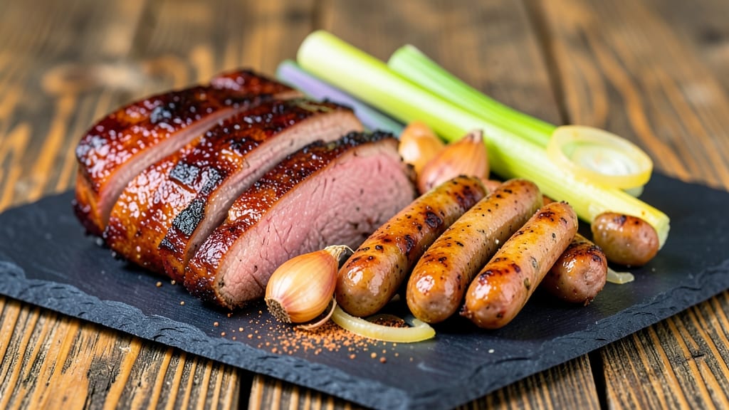 Brisket and Pork Sausage Recipe: Smoky-Spiced Fusion With Crispy Celery Crown