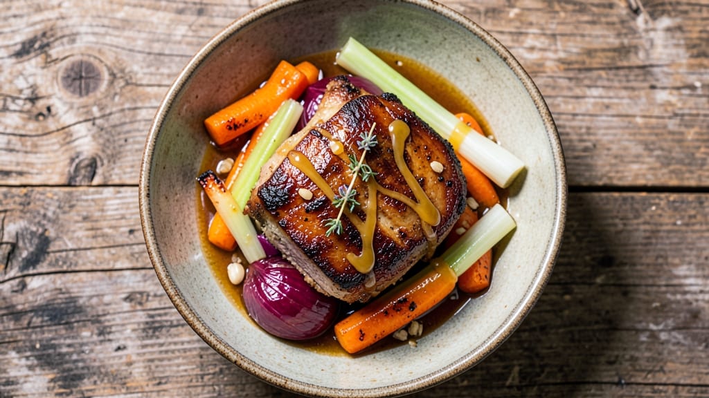 Carrots and Pork Recipe: Sweet-Tart Glazed Pork with Crunchy Celery Crown
