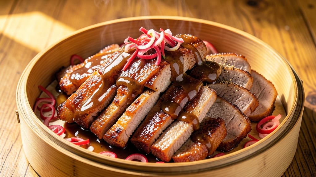 Authentic Chinese BBQ Pork Recipe: Smoky Five-Spice Glaze with Celery Crown Garnish