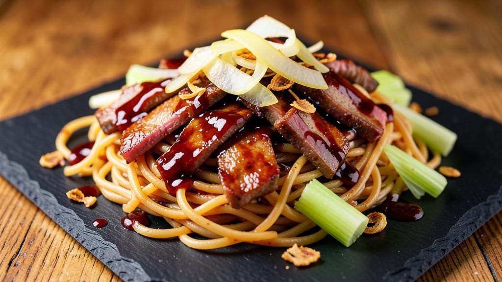 BBQ Pork Lo Mein Recipe: Smoky Sweet Stir-Fry with Crisp Celery Crown