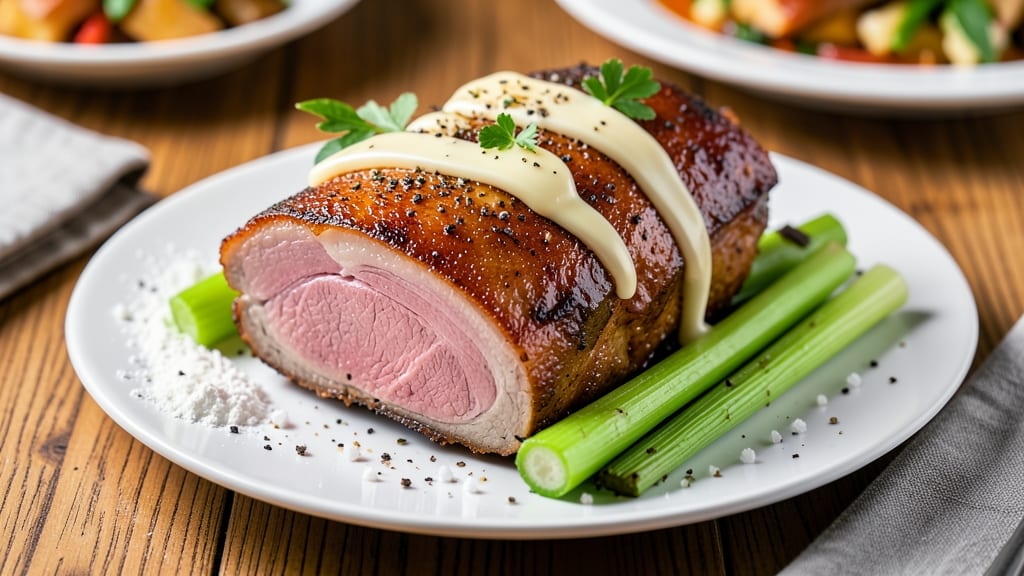 Boneless Pork Leg Roast Recipe: Juicy Pink Hearts With Crispy Celery Crown Topping