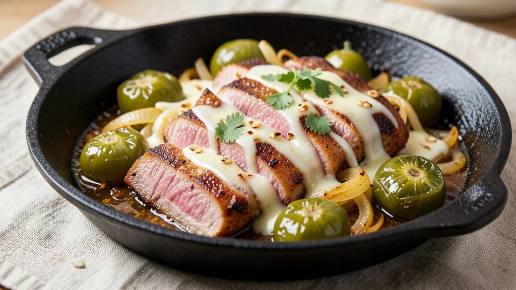 Cheesy Pork and Tomatillo Skillet Recipe: Smoky Tomatillo Cream With Crispy Pork Bites